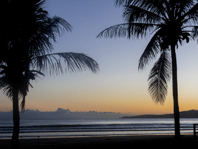Praia de Itapema ao pôr do sol, com coqueiros em destaque e um céu colorido ao fundo.